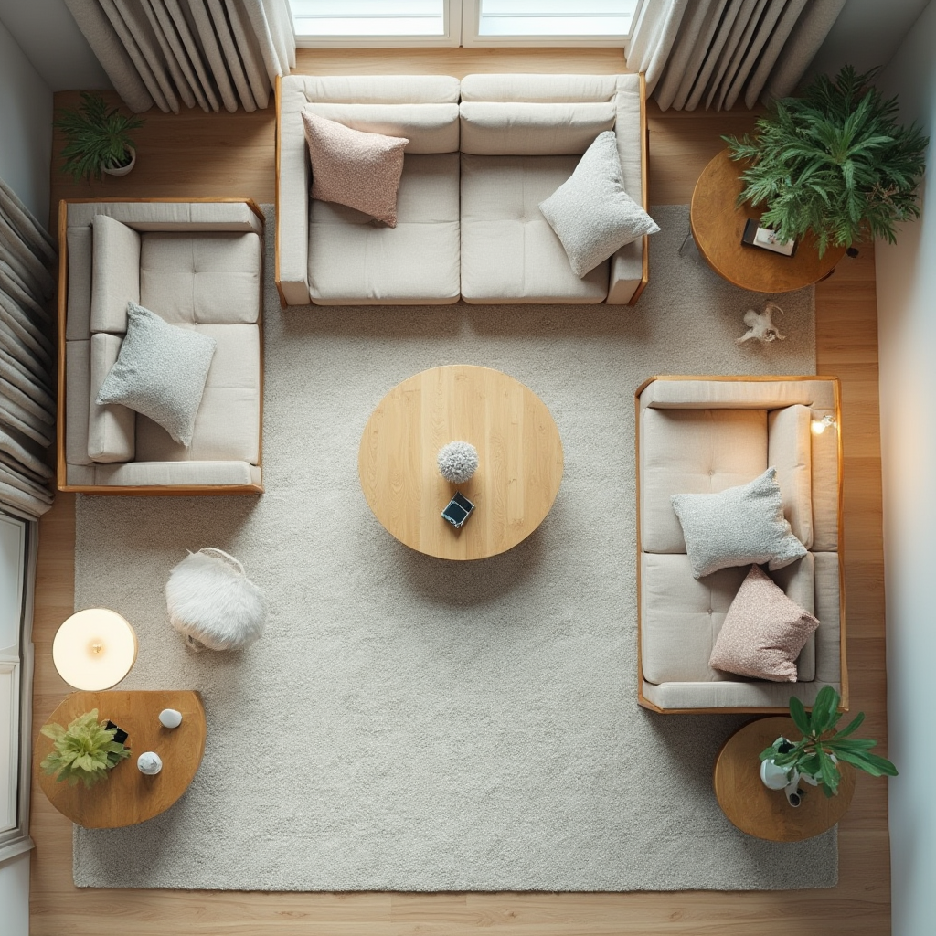 Układ strefowy salonu: widok z góry pokazujący rozmieszczenie mebli z wyodrębnionymi strefami relaksu, czytania i rozrywki. Kadr z perspektywy lotu ptaka.