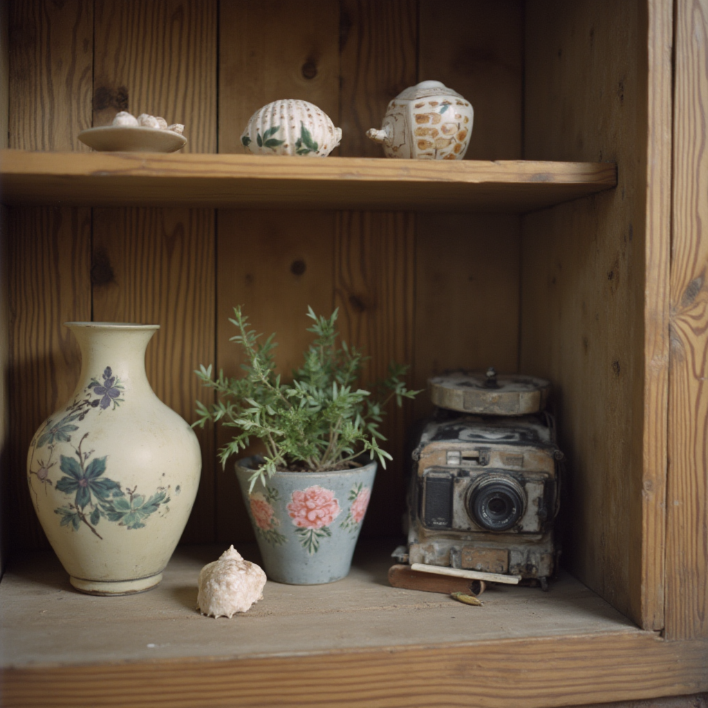 Drewniana półka z osobistymi pamiątkami: ceramiczny wazon z wakacji, muszle, ręcznie malowana doniczka i stary aparat fotograficzny. Kadr z ostrością na detale.