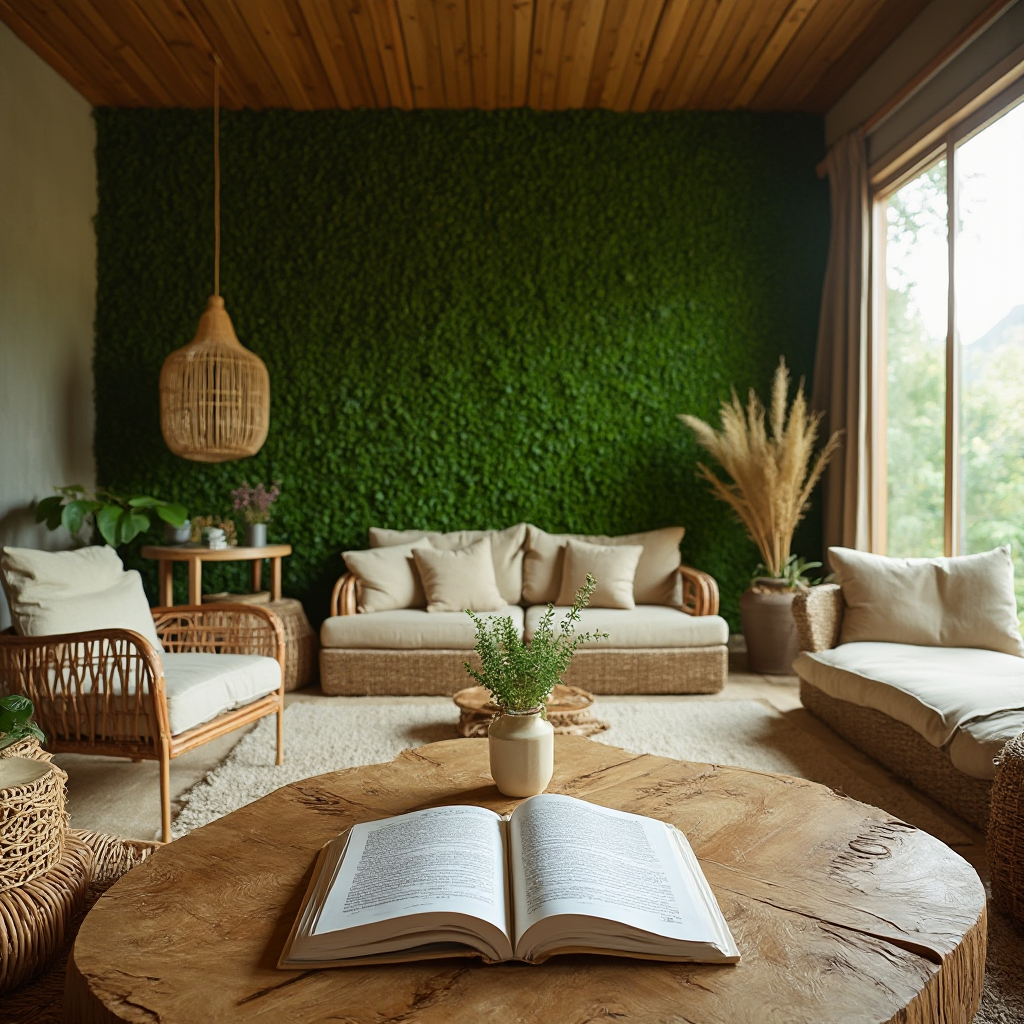 Finalny widok salonu eco: meble z drewna i rattanu, ściana z mchu stabilizowanego, dywan z recyclowanych rybackich sieci. Na stoliku książka o permakulturze otwarta na rozdziale o projektowaniu wnętrz. Kadr panoramiczny, podsumowujący wszystkie omówione elementy.