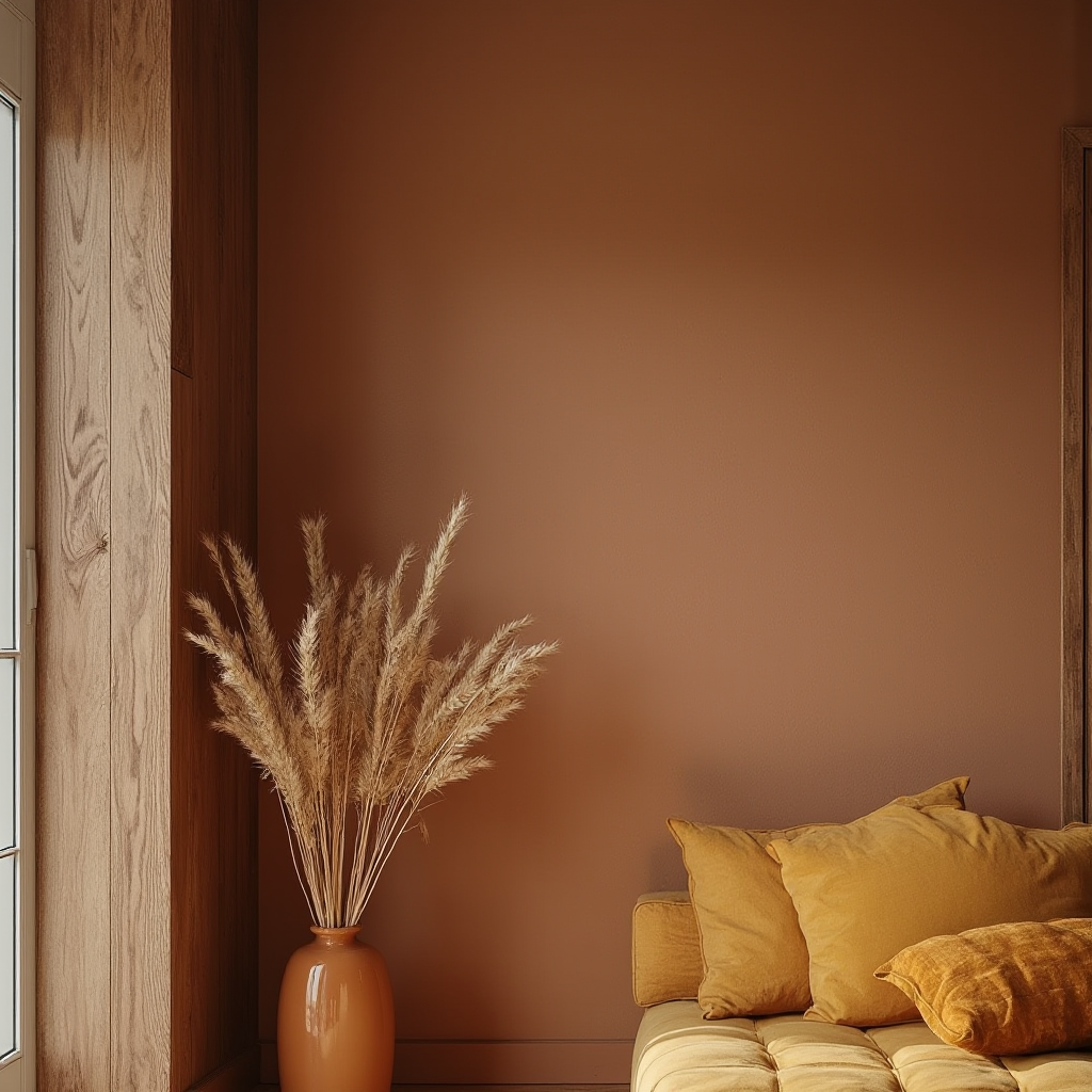 Ściana w salonie eco pomalowana farbą w kolorze sproszkowanej gliny, zestawiona z drewnianą boazerią w odcieniu prażonej kawy. Na pierwszym planie wazon z łodygami traw w kolorze ochry. Kadr z ukosa, eksponujący kontrast faktur.
