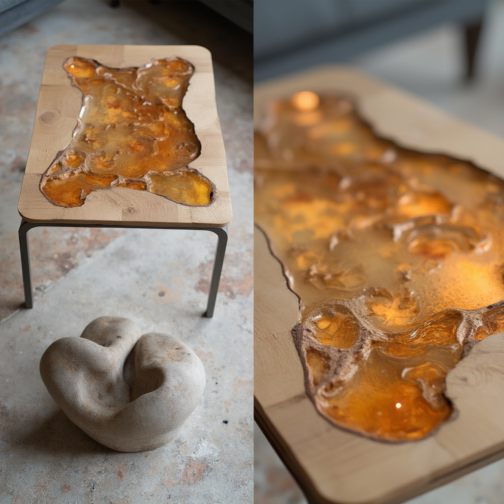 Stolik kawowy ze sklejki brzozowej z blatem z żywicy epoksydowej z zatopionymi liśćmi klonu. Obok zestaw kamiennych świeczników w kształcie nerki. Kadr z bliska, skupiający się na przełamaniu przezroczystej żywicy i matowego kamienia.