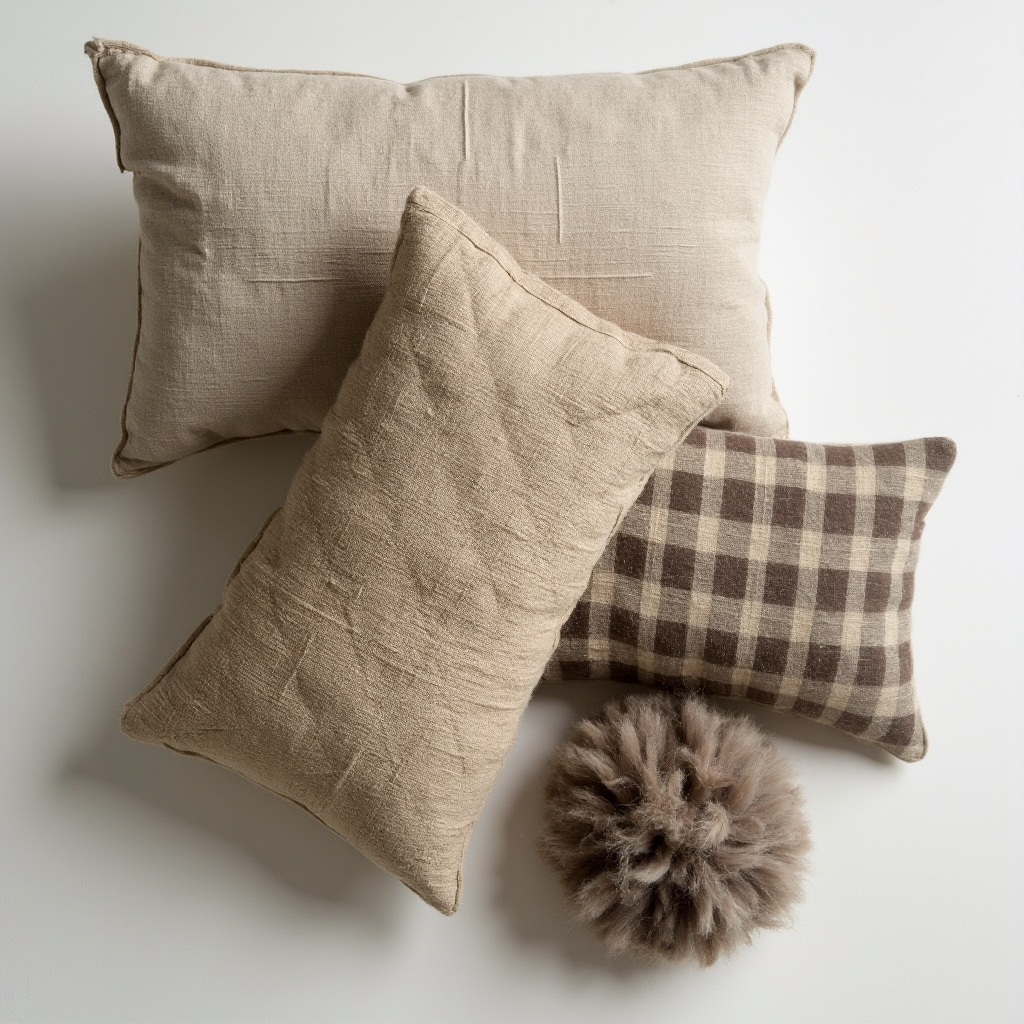 Poduszki w różnych rozmiarach: duża w lnianym pokrowcu barwionym łupinami cebuli, średnia z tkaniny konopnej w kratę, mała z ręcznie filcowanej wełny. Kadr z góry, ukazujący bogactwo naturalnych faktur.