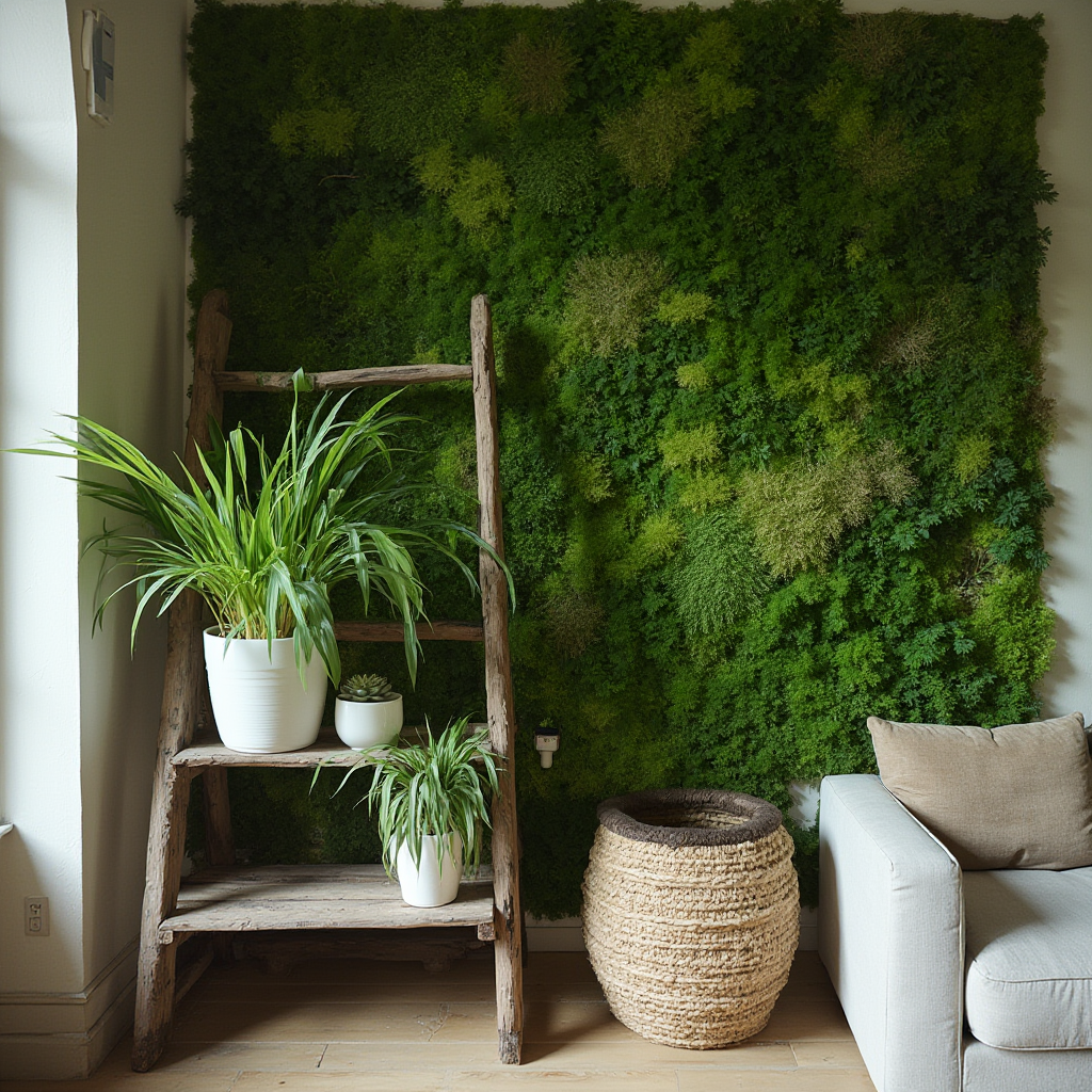 Narożnik salonu z półką z przerobionej drabiny, na której ustawiono 3 kokedamy w różnej wielkości. W tle ściana pokryta pionowym ogrodem z mchu stabilizowanego. Kadr z ukosa, akcentujący różne odcienie zieleni.