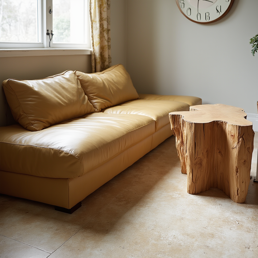 Kanapa z lat 70. odnowiona przy użyciu ekoskóry z liści ananasa, obok nieregularny stół ze stabilizowanej topoli z widocznym przekrojem słojów. Kadr z poziomu podłogi, podkreślający łączenie retro form ze współczesnymi materiałami.