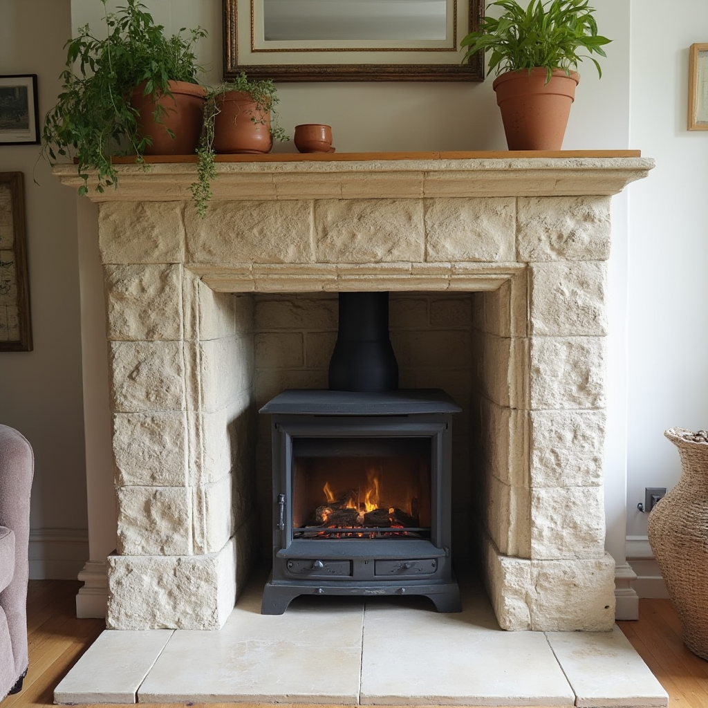 Kominek bioetyczny na etanol z obudową z łupanego piaskowca. Nad nim półka z deski bartnej z glinianymi naczyniami i wiszącym ziołowym ogródkiem. Kadr szeroki, ukazujący związek między różnymi elementami wystroju.