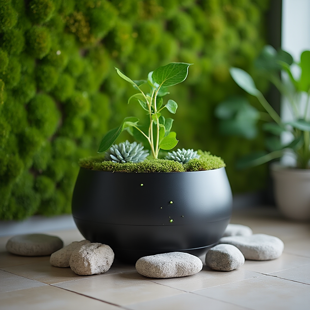 Inteligentna donica samo nawadniająca z systemem czujników wilgotności, otoczona kamieniami dekoracyjnymi. W tle panel z mchu stabilizowanego. Kadr makro, pokazujący szczegóły technologiczne w harmonii z naturą.