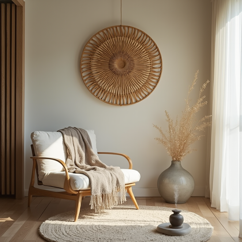 Kompozycja sensoryczna: bambusowy wiatrak dźwiękowy zawieszony nad fotelkiem z wełnianym pledem, obok kamiennego diffuseru z olejkiem eukaliptusowym. Kadr z perspektywy użytkownika, oddający wielowymiarowość przestrzeni.