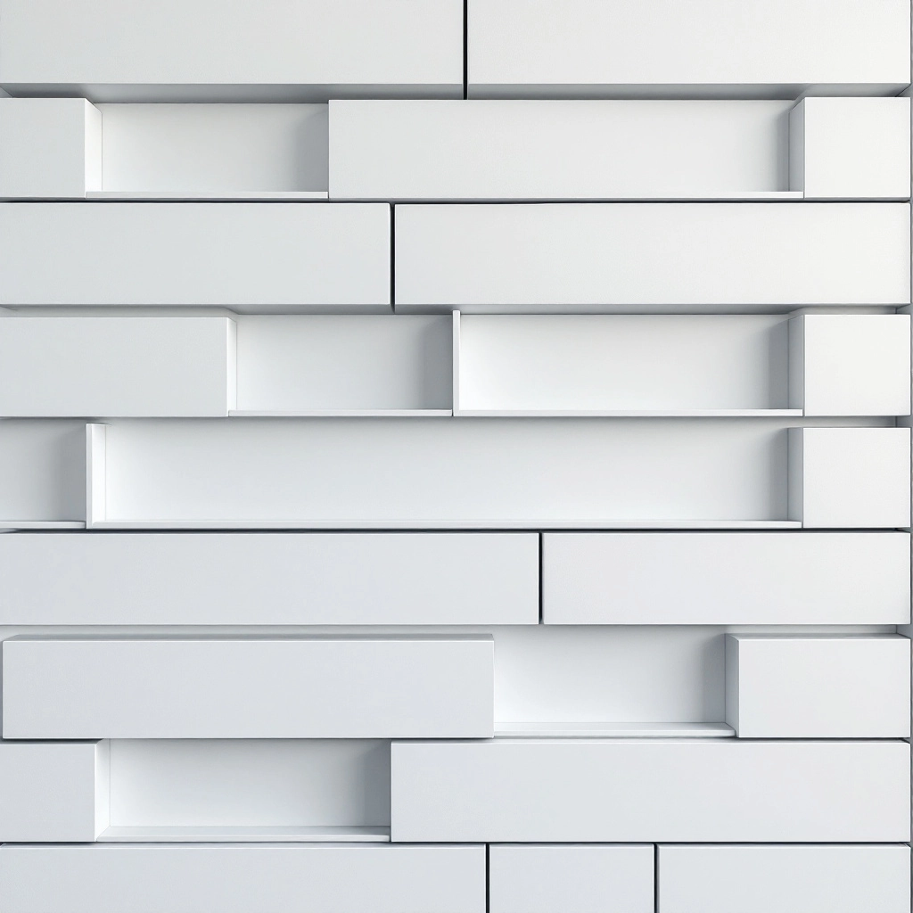 Nowoczesna zabudowa ściany z białą matową frontami i wgłębieniami na książki, w stylu skandynawskim