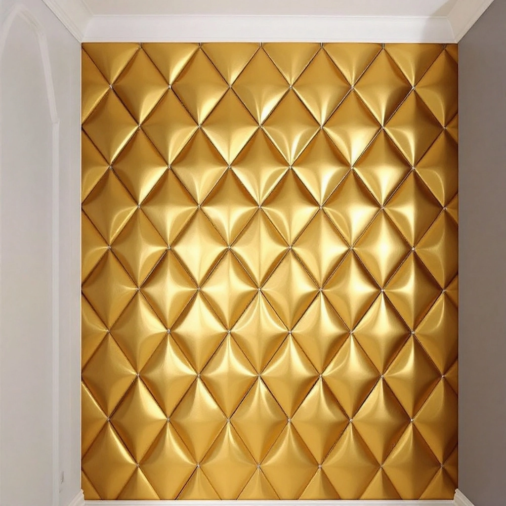 Złote panele tapicerowane w kształcie geometrycznych rombów, na tle szarej ściany w sypialni