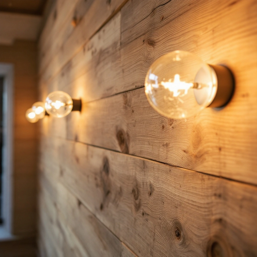 Ściana z desek w odcieniu białego dębu, z wmontowanymi minimalistcznych kinkietami w kształcie kul