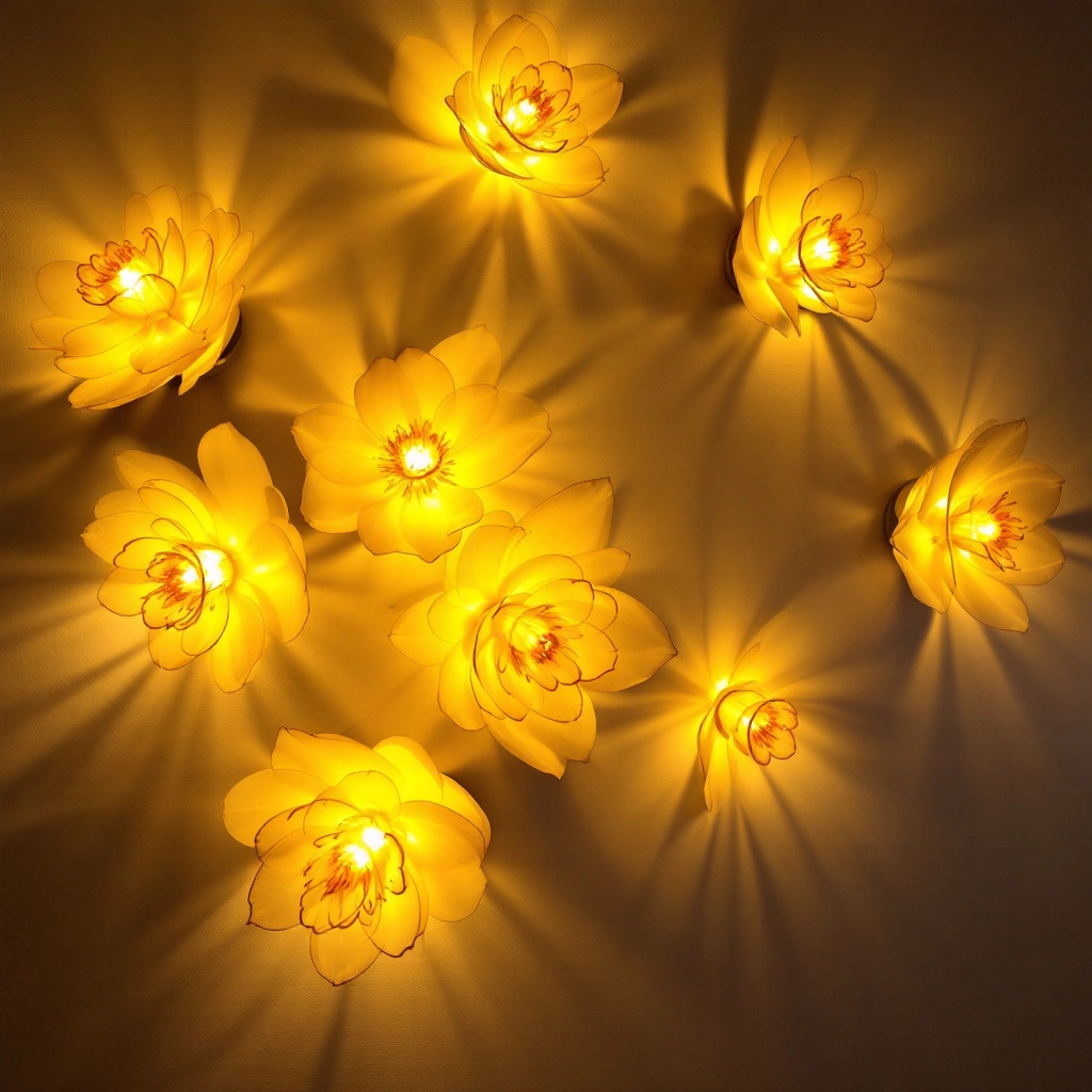 Złote kinkiety w formie kwiatów, rzucające miękkie światło na szaro-beżową ścianę
