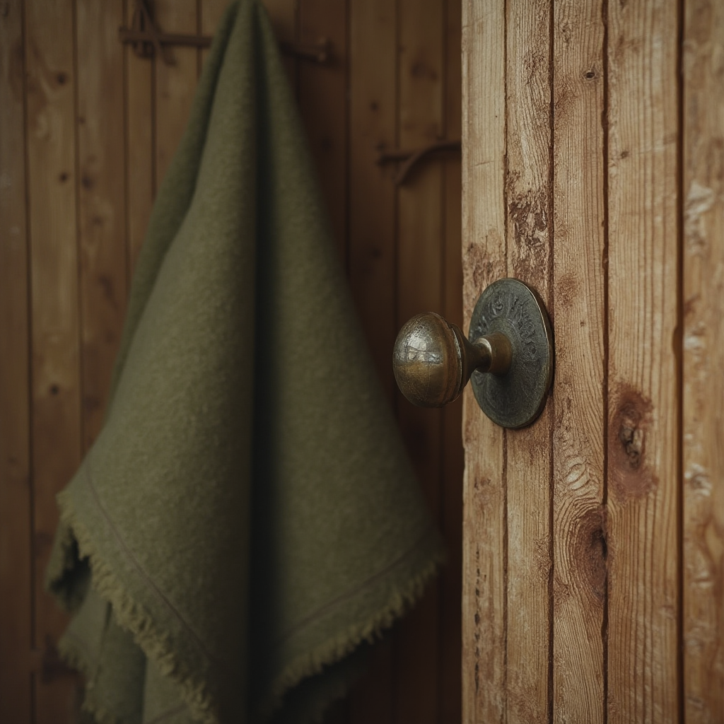 Makro kadr drewnianej boazerii z widocznym rysunkiem słojów, z miedzianą klamką i zawieszoną na gwoździu wełnianą narzutą. Stonowana kolorystyka brązów i zieleni.