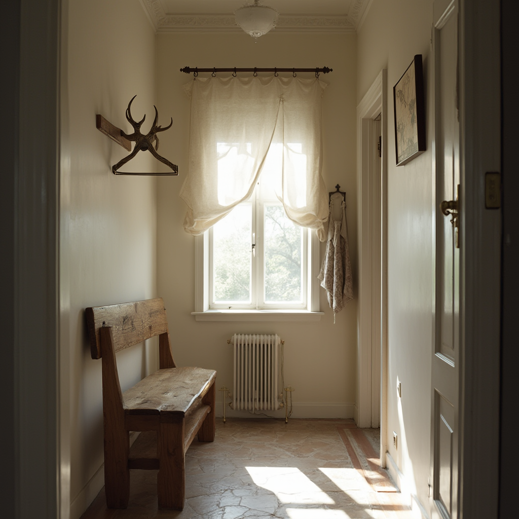 Wnętrze korytarza z drewnianą ławą pod ścianą, wieszakiem z porożem i podłogą z imitacji kamienia. Kadr ukazuje światło przefiltrowane przez lniane rolety.