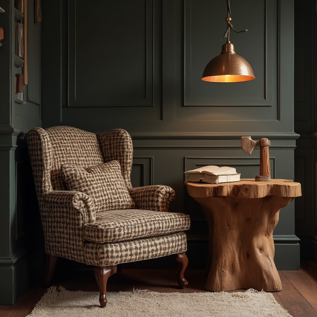 Kącik czytelniczy z fotelem w kratę, drewnianym stołem ociosanym toporem i wiszącą lampą z miedzianym abażurem. Kadr obejmuje stos książek i filcową podkładkę.