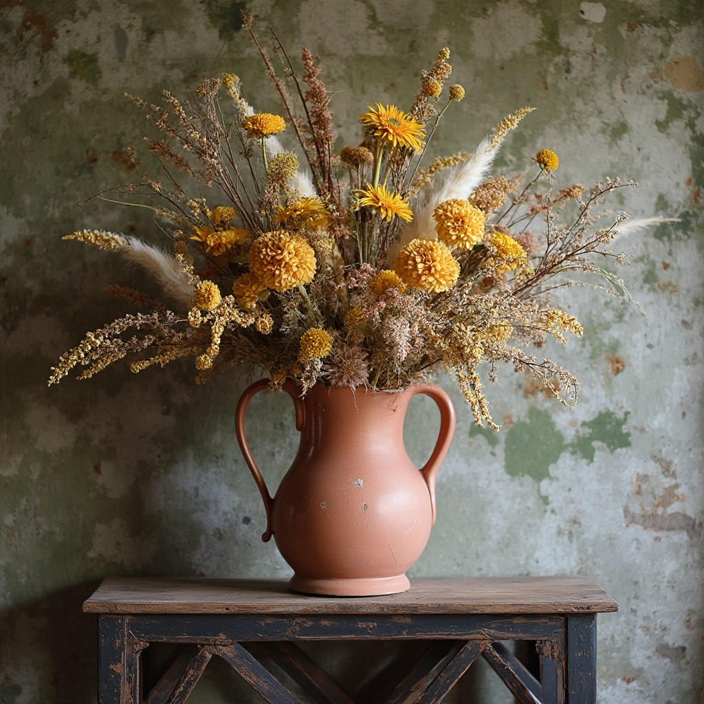 Kompozycja dekoracyjna z suszonych kwiatów w glinianym dzbanku, stojąca na drewnianej konsoli z metalową kratownicą. Tło z kamiennej ściany z delikatnym mchem.