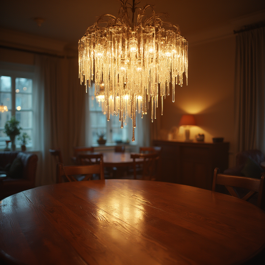 Wieczorny widok na salę z krystalicznym żyrandolem w kształcie sopli, rzucającym ciepłe refleksy na drewniany stół. Kadr z miękkim rozmyciem tła.