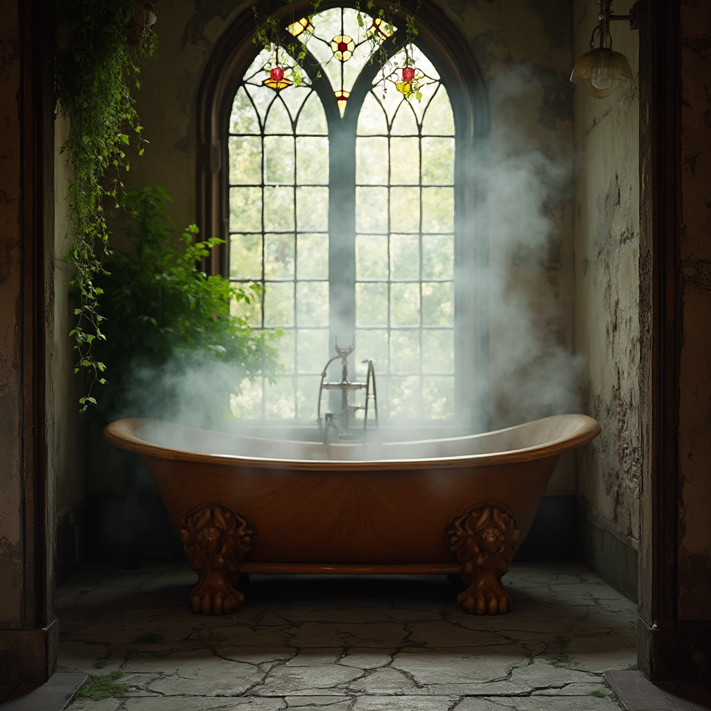 Łazienka z drewnianą waną na lwich łapach, kamienną podłogą i wiszącą roślinnością. Kadr z delikatną parą wodną i naturalnym oświetleniem przez witrażowe okno.