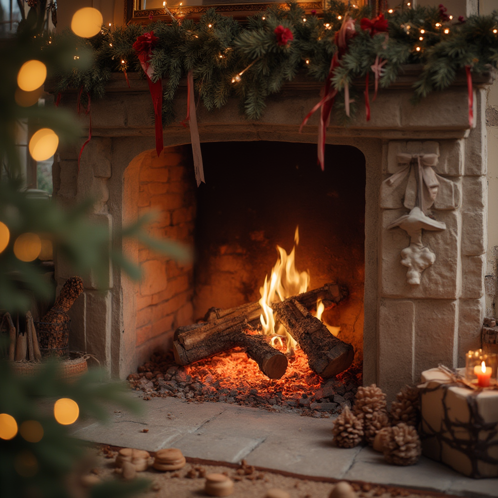 Kominek z układanką drewna opałowego, przystrojony wstążkami i szyszkami. Kadr z soczewkowym rozmyciem pierwszo-planowych elementów.