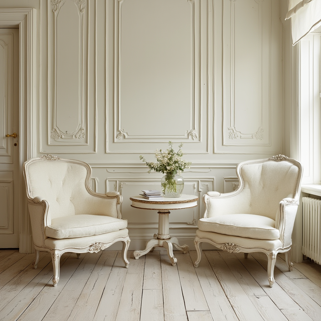 kącik kawowy w stylu francuskim z okrągłym stołem i krzesłami w kolorze ecru, detaliczne ujęcie faktury tapicerki i zdobień nóg mebli