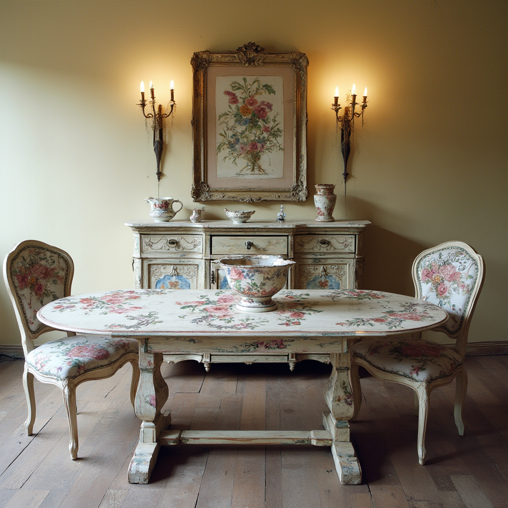 stół jadalniany w stylu prowansalskim z ceramiką w kwiatowe wzory, średni plan z widocznym oświetleniem kinkietów po obu stronach komody