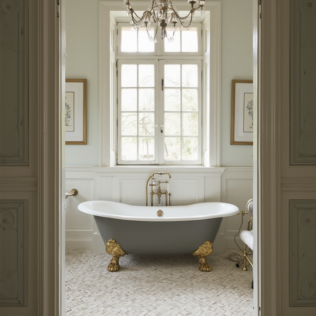 łazienka w stylu francuskim z wanną na lwich łapach, kadr z góry ukazujący układ płytek w jodełkę i mosiężne akcesoria