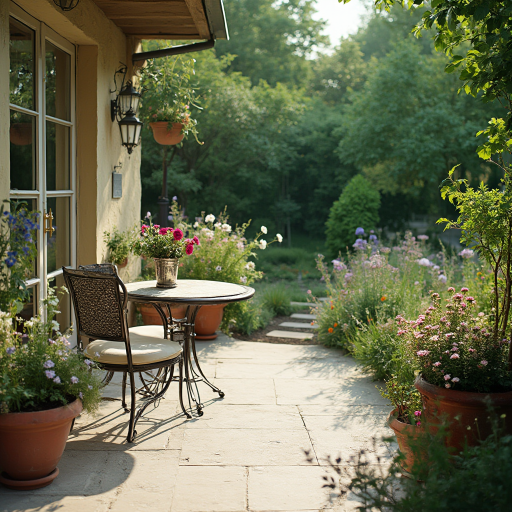taras w stylu francuskim z żeliwnymi meblami i kwiatami w donicach, widok z perspektywy ogrodowej ukazujący kompozycję geometrycznych rabat