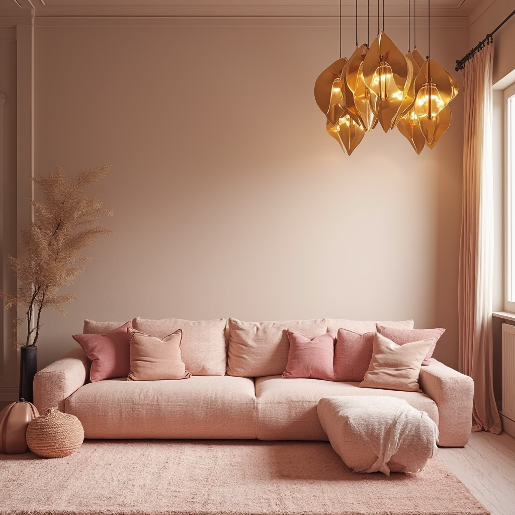 Paleta barw Desert Rose zastosowana w salonie: kanapa w odcieniu piasku, różowe akcenty w poduszkach i dywanie, złote żyrandole odbijające światło w kształcie liści.