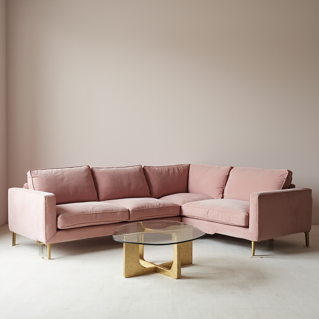 Kanapa w kształcie litery L w odcieniu mglistego różu z nóżkami w stare złoto. Przed nią okrągły stolik z przezroczystego szkła z podstawą z trawionego mosiądzu.