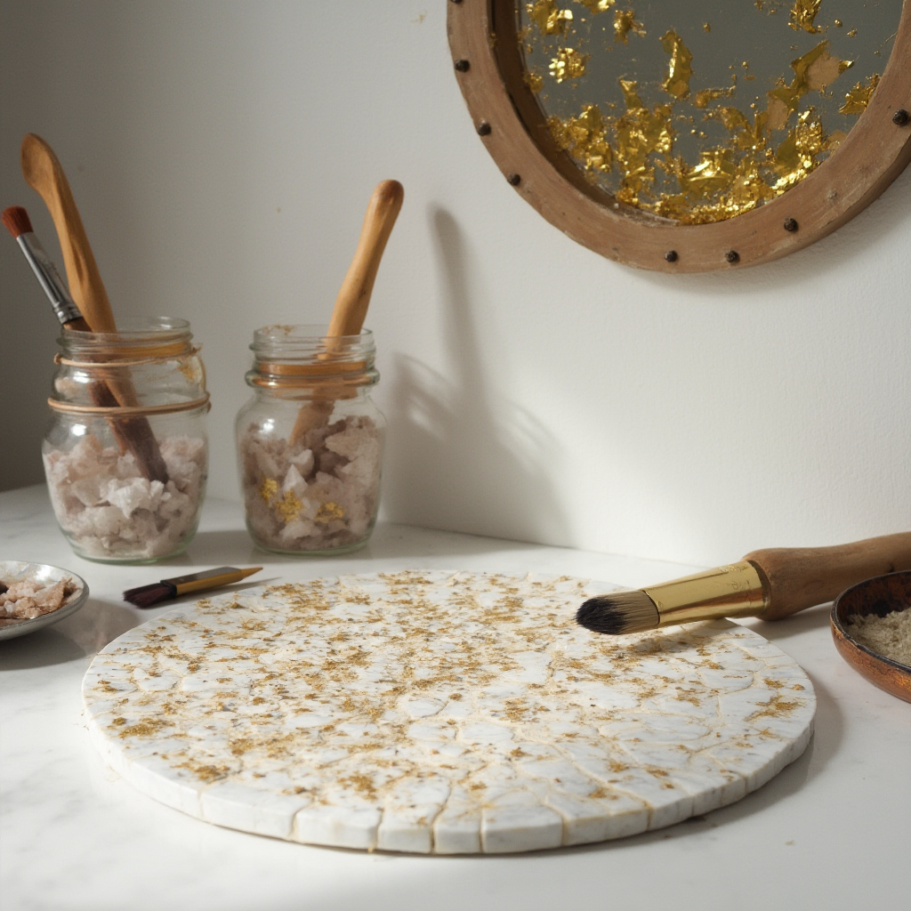 Stół roboczy z narzędziami do DIY: pędzle, złota farba, płytki marmuru, szklane kryształy w słoikach. W tle niedokończona rama lustra z płatkami złota.