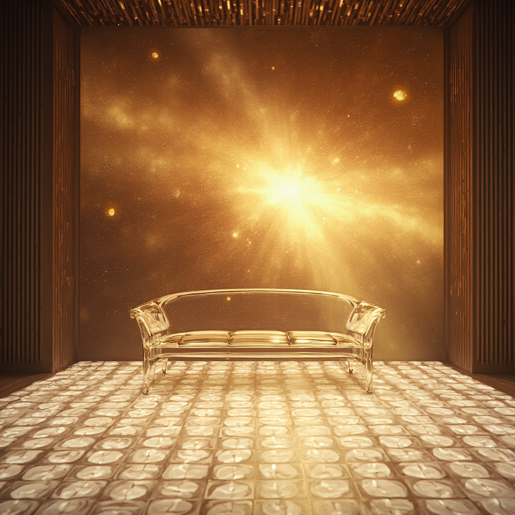 Wizja future glamour: transparentna sofa z wbudowanym ekranem dotykowym, ściana interaktywna imitująca złotą galaktykę, podłoga z hexagonalnych paneli emitujących delikatne światło.