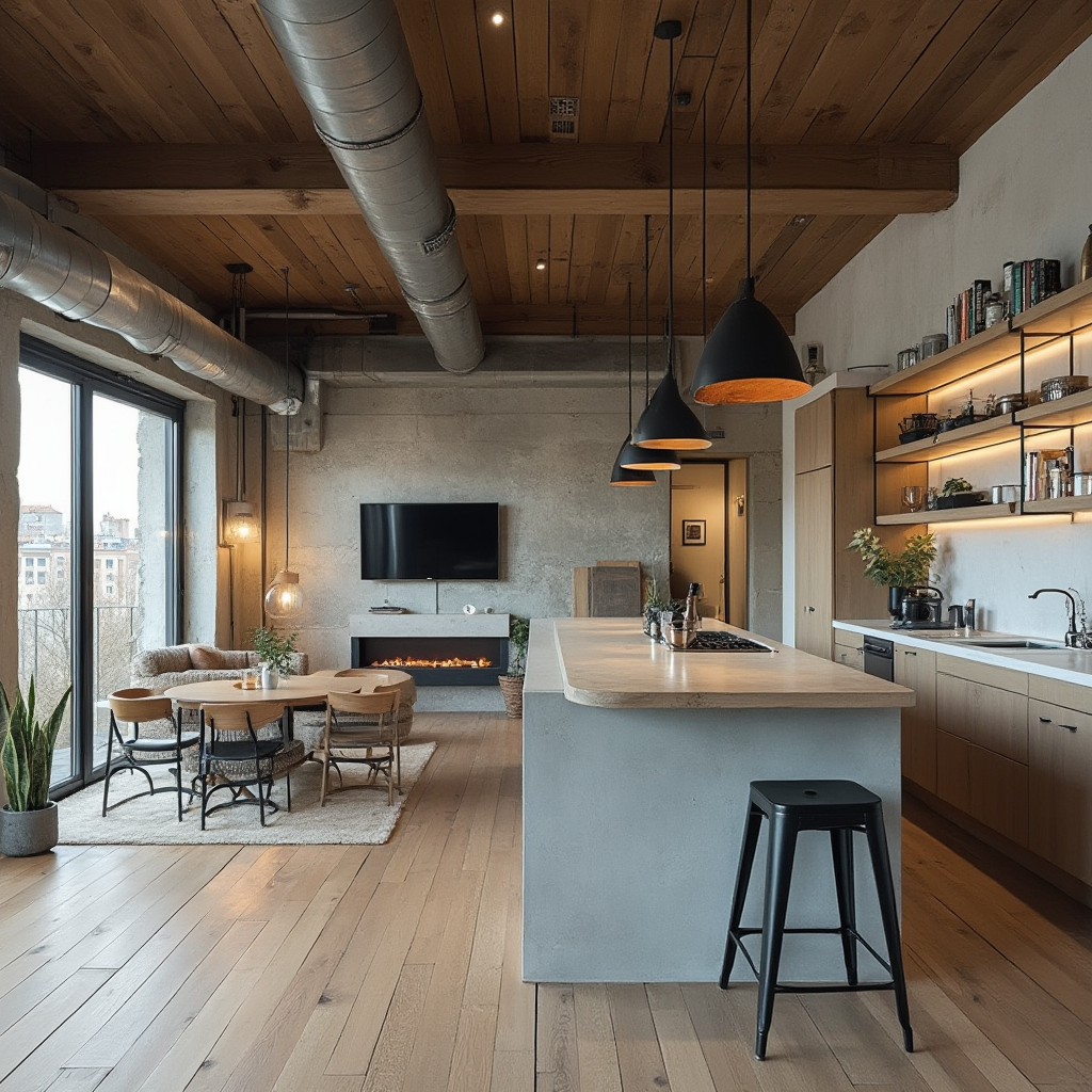 Loftowa kuchnia połączona z salonem, z betonowym blatem, otwartymi półkami i industrialnymi krzesłami barowymi, widok ukośny z podkreśleniemggłości przestrzeni