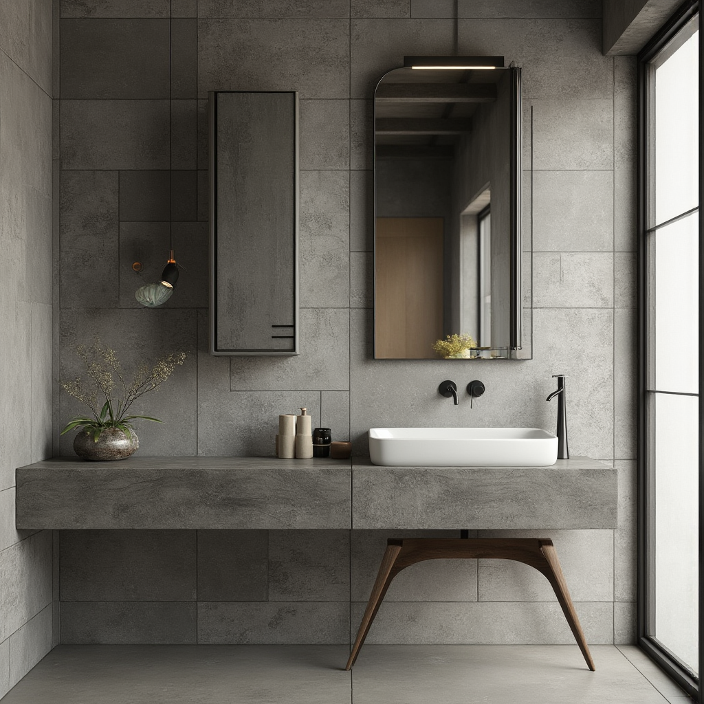 Detal loftowej łazienki z cementowymi płytkami, wiszącą metalową szafką i industrialnym lustrem w czarnej ramie, kadr z wysokości ludzkich oczu