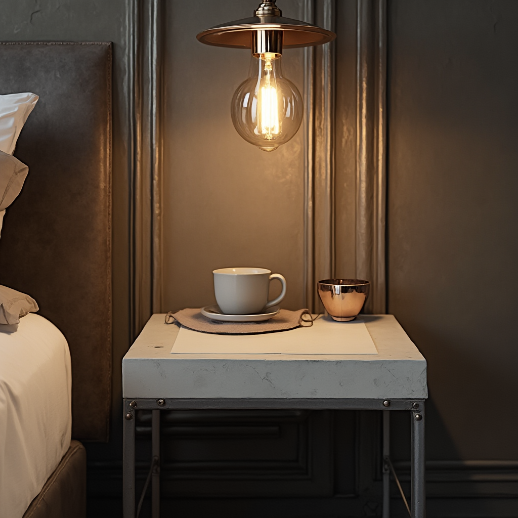 Industrialna szafka nocna z metalową konstrukcją i betonowym blatem, z wiszącą lampą Edisona w miedzianym kloszu, widok z bliska