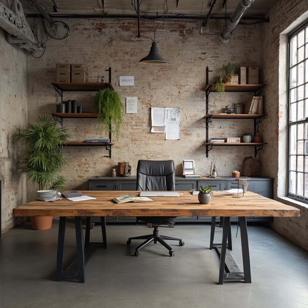Fragment loftowego biura z biurkiem z blatem z odzyskanych desek i metalowymi nogami, na tle ściany z industrialnymi półkami, widok z góry