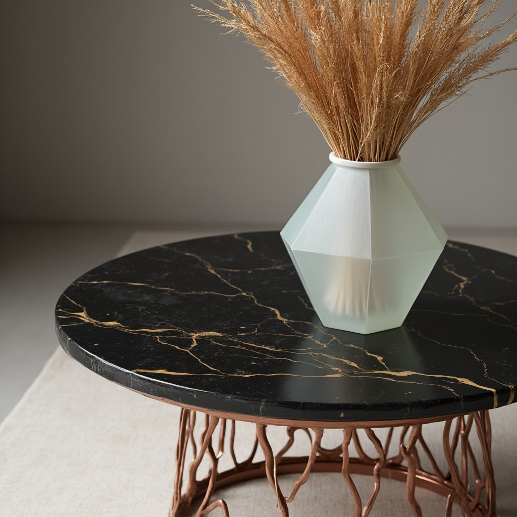 Detal stolika kawowego w stylu nowojorskim – okrągły blat z czarnego marmuru z żyłkami w odcieniu złota, postawiony na ażurowej stalowej podstawie w kolorze miedzi, obok geometryczny wazon z matowego szkła wypełniony suszonymi trawami.