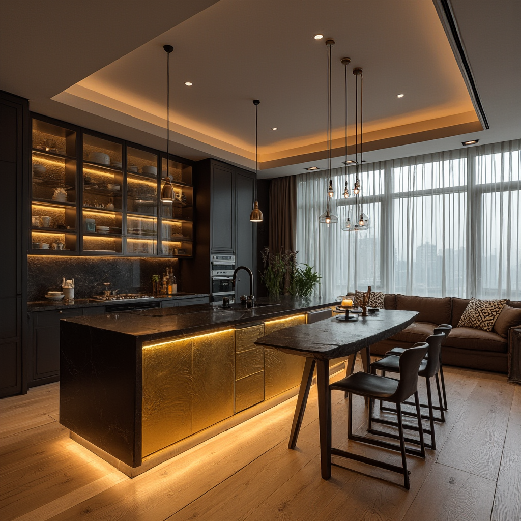 Otwarty salon z kuchnią w stylu nowojorskim – wyspa kuchenna z czarnego granitu z blatobokiem w złotej folii, wiszące szklane szafki podświetlone LED, kanapa w kolorze mokka z poduszkami w geometryczne wzory, podłoga z desek ekologicznych w kolorze palonego drewna.