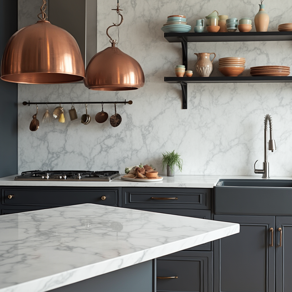 Nowojorska kuchnia z wyspą w kolorze grafitu, blat z białego marmuru z szarymi żyłkami, wiszące miedziane klosze nad stołem, otwarte regały z czarnej stali z porcelanowymi naczyniami w pastelowych kolorach.