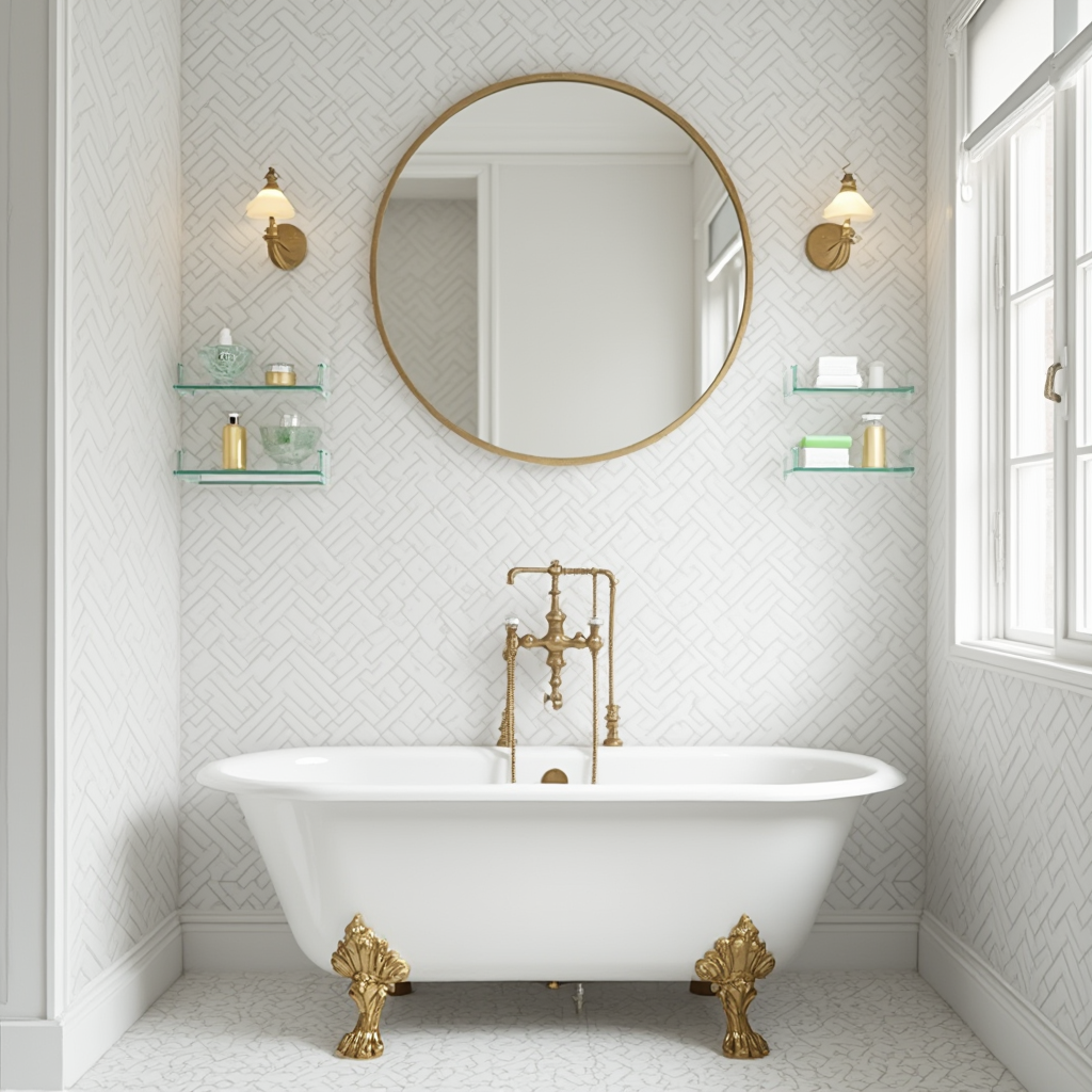 Łazienka w stylu nowojorskim z wanną na lwich łapach, ściany wyłożone białymi płytkami metra w jodełkę, okrągłe lustro w mosiężnej ramie, wiszące szklane półki z kosmetykami w szklanych pojemnikach.