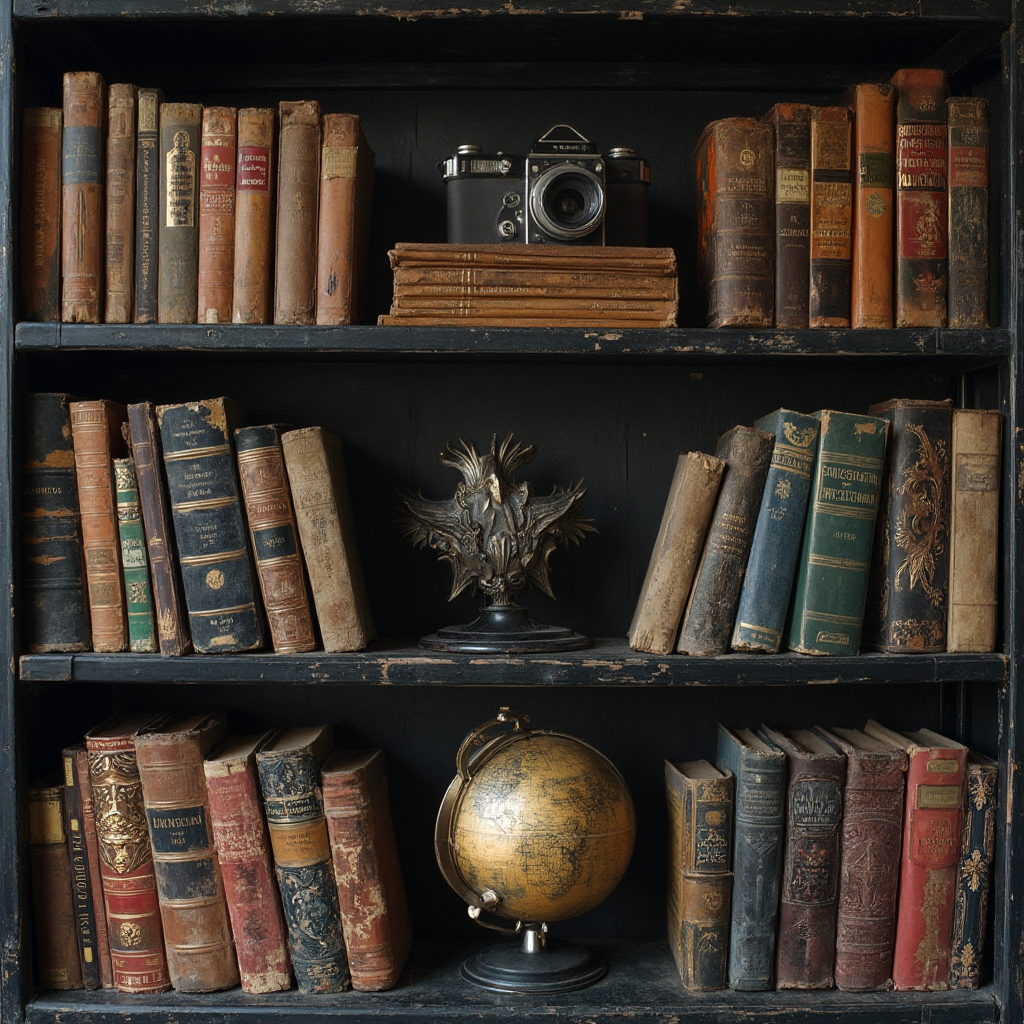 Fragment biblioteczki w stylu nowojorskim – otwarte regały z czarnego metalu, książki ułożone w porządku kolorystycznym, stare aparaty fotograficzne jako dekoracje, mosiężny globus na środkowej półce.