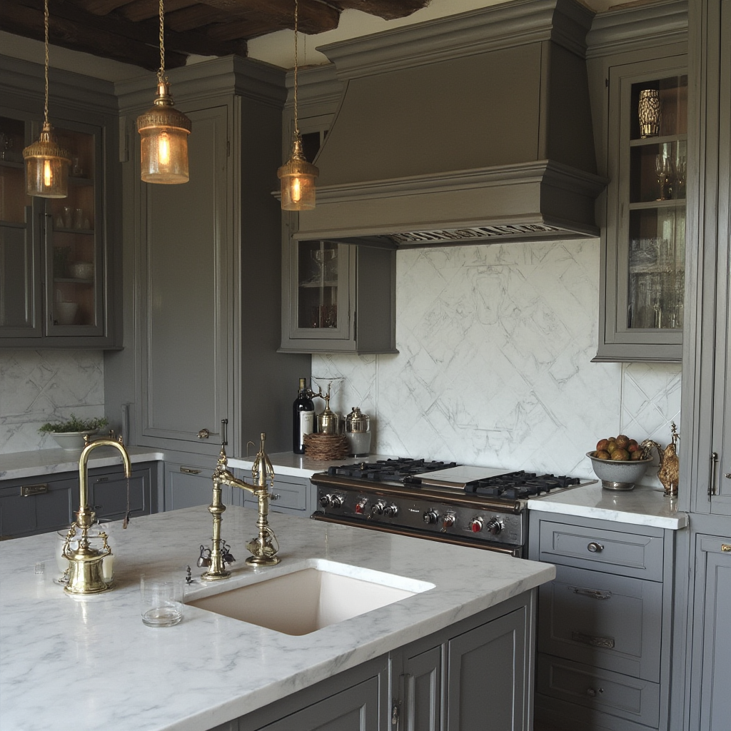 Szara kuchnia prowansalska z drewnianymi frontami w odcieniu grafitowym, blat z marmuru Carrara, wiszące mosiężne lampy w kształcie kielichów