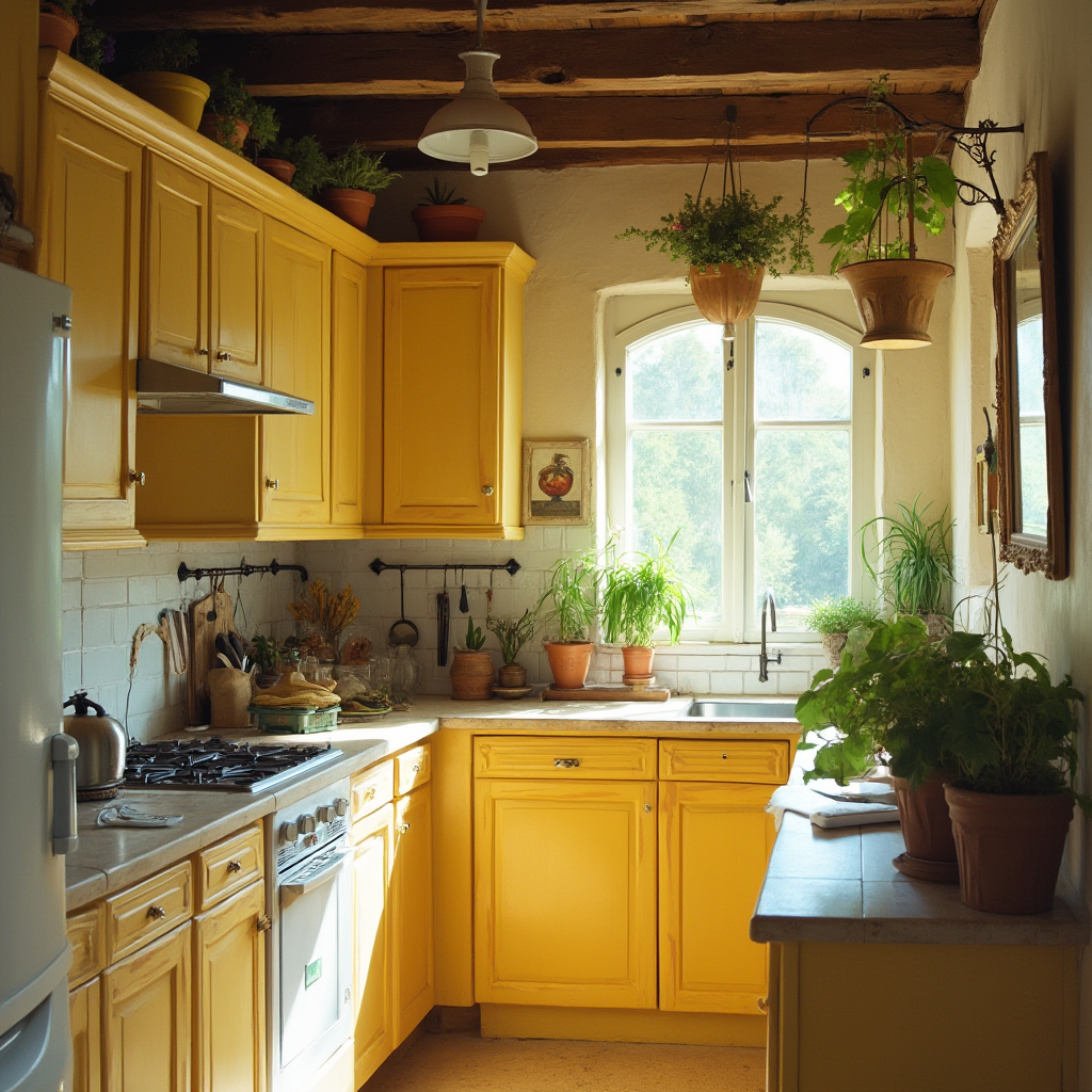 Wąska kuchnia prowansalska z jasnymi szafkami do sufitu, wiszącymi ziołami w ceramicznych doniczkach i lustrem w ramie z postarzanego drewna