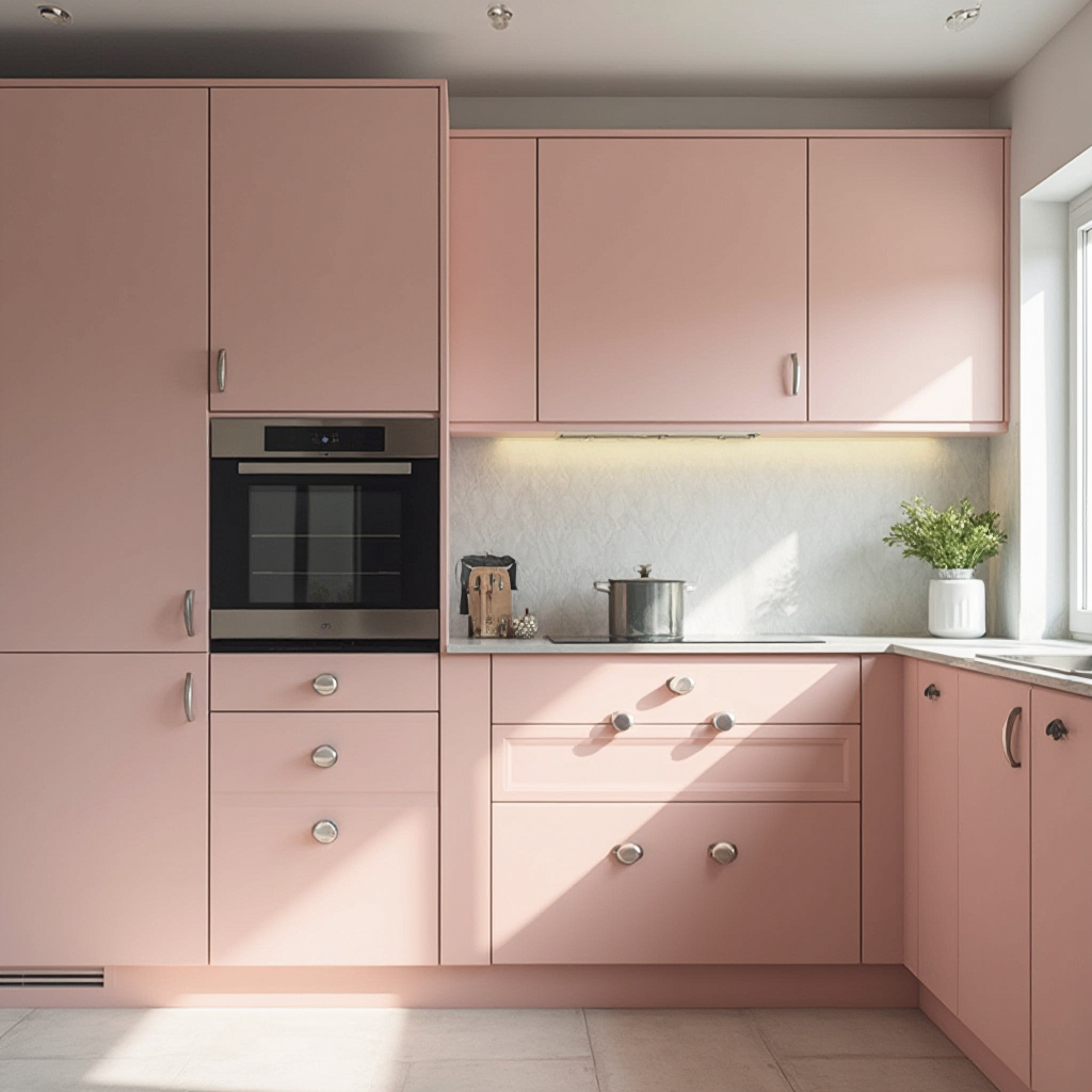 Nowoczesna kuchnia prowansalska z matowymi szafkami w kolorze pudrowego różu, minimalistyczne uchwyty w kształcie kul, nowoczesny piekarnik w zabudowie