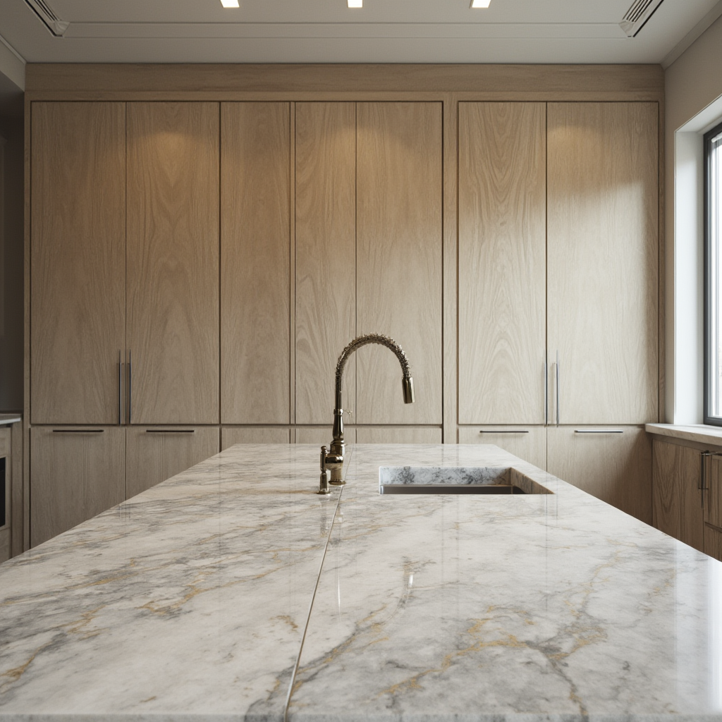 Szafa kuchenna w odcieniu wilgotnego piasku z frontami w formie litego drewna, blat z szarego marmuru z żyłkami w kolorze złota