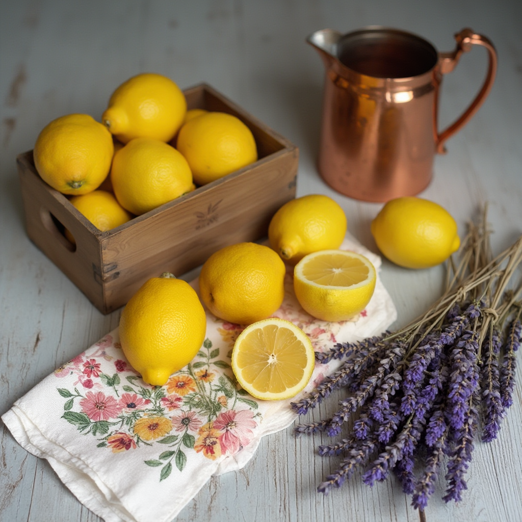 Kompozycja prowansalskich dodatków: lniana serwetka w kwiaty, drewniana skrzynka z cytrynami, miedziany dzbanek i wiązka suszonej lawendy