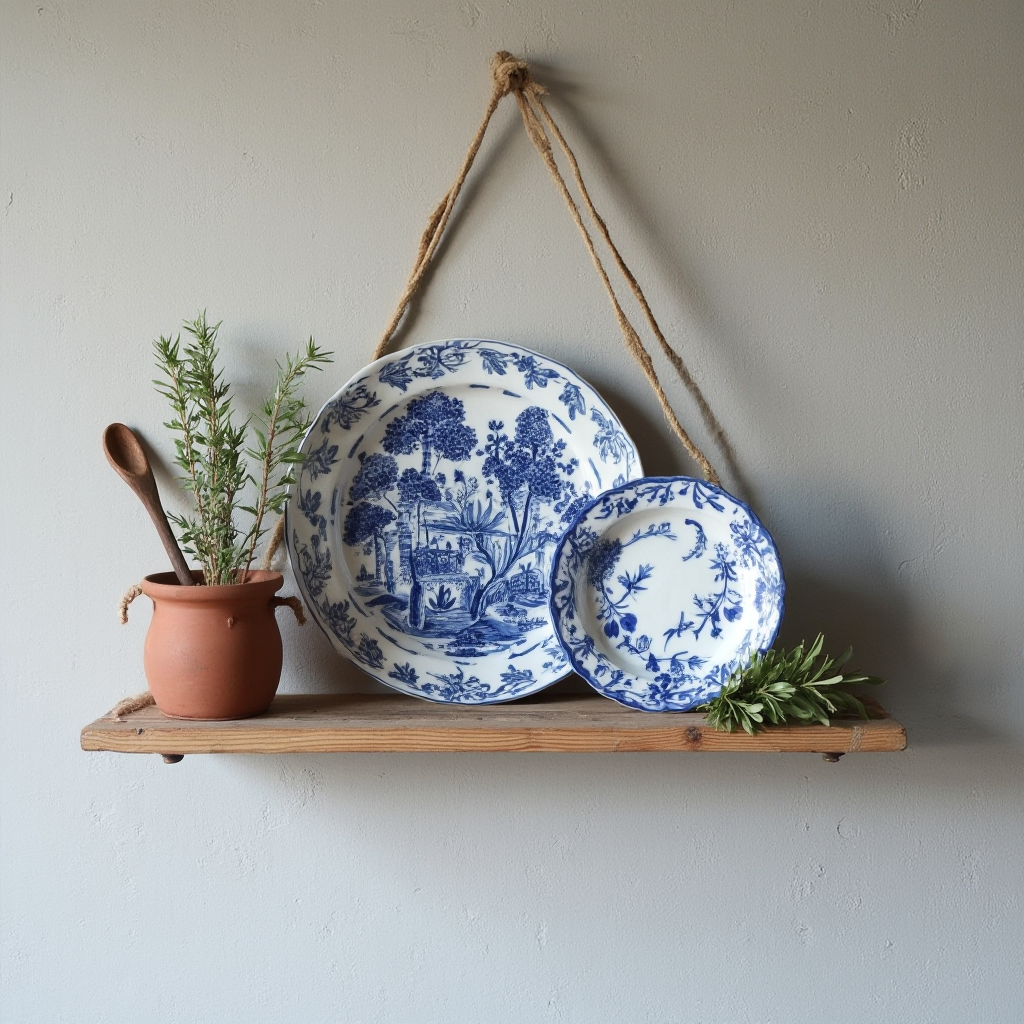 Wisząca półka z prowansalską ceramiką: trzy niebiesko-białe talerze, gliniany garnek z rozmarynem i drewniana łyżka na tle ściany z szarego tynku