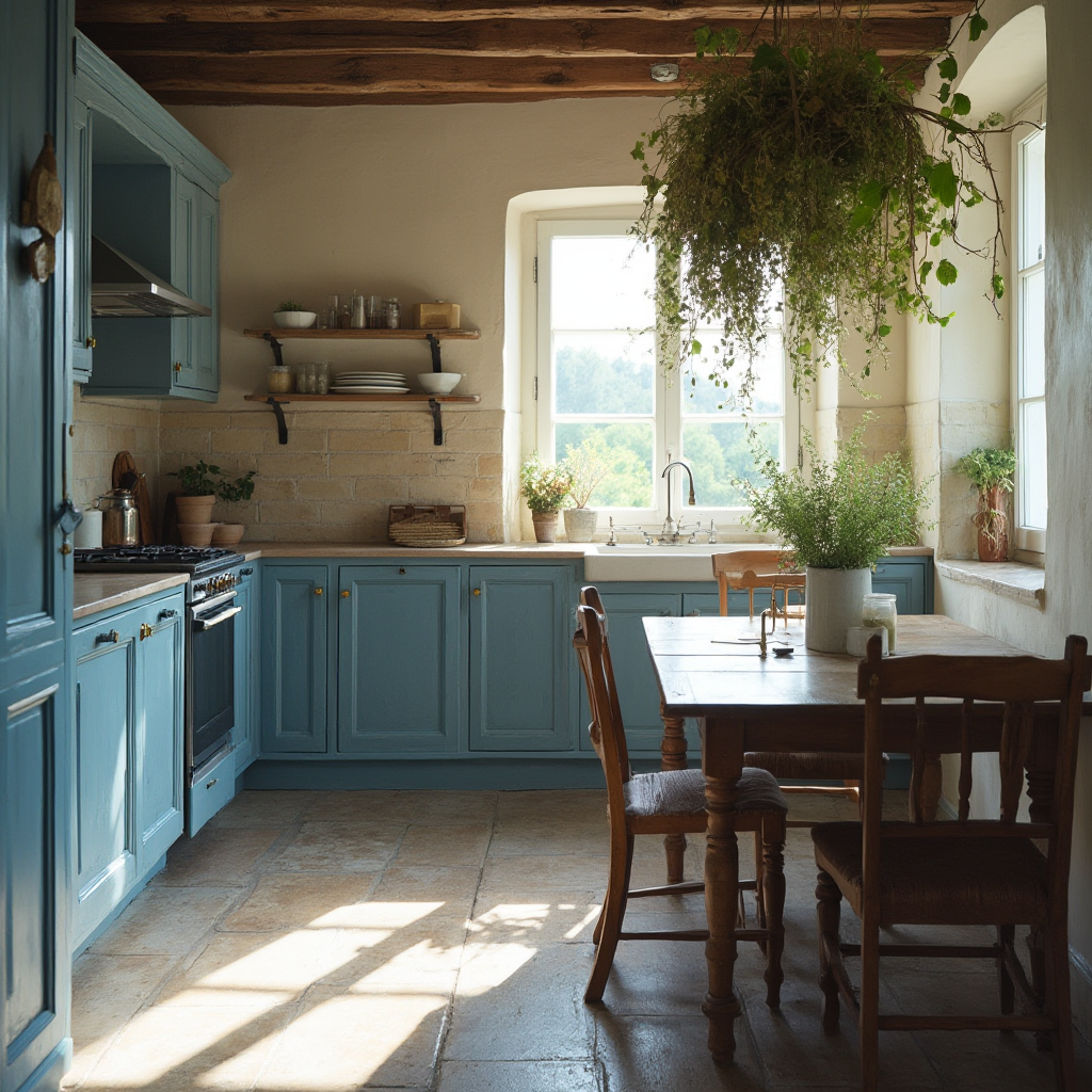 Kuchnia prowansalska z błękitnymi szafkami, drewnianym stołem z toczonymi nogami i wiszącymi suszonymi ziołami przy oknie