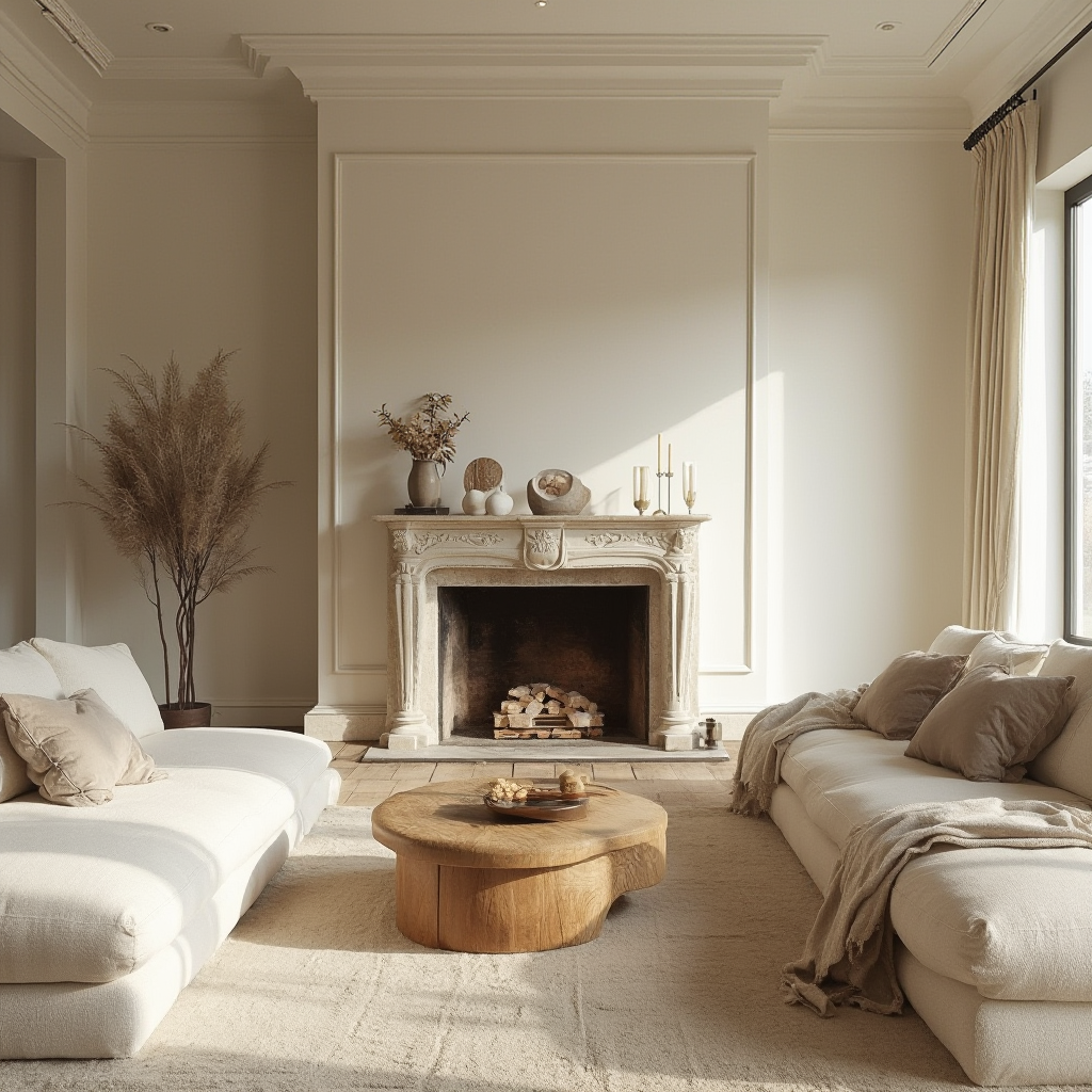 przestronny salon z kanapą w kolorze ecru, drewnianą kawową stolikiem i kominkiem obłożonym płytami piaskowca