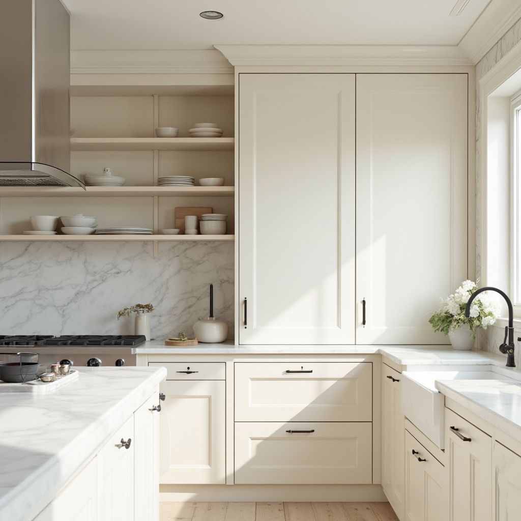 wnętrze kuchni z drewnianymi szafkami w kolorze mlecznobiałym, otwartymi półkami z ceramiką i blatem z marmuru carrara