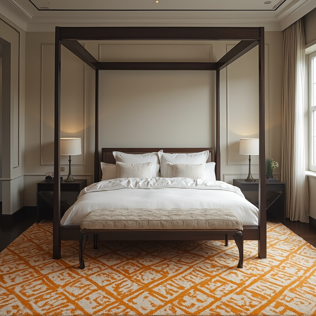 sypialnia z łóżkiem z ciemnego drewna z baldachimem, białą pościelą i dywanem w geometryczne wzory w odcieniach ochry