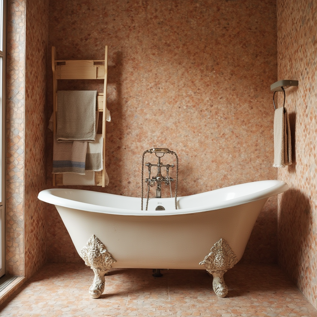 łazienka z wolnostojącą żeliwną wanną na ozdobnych nogach, ścianą z mozaiki terakotowej i drewnianym stojakiem na ręczniki